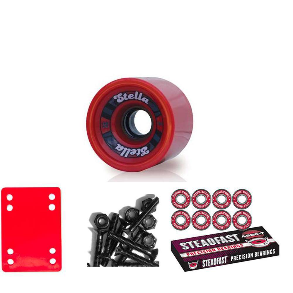 Longboard Wheels Starter Kit - Red Stella 69mm Wheels, Risers, Bearings, Hardware - Longboards USA