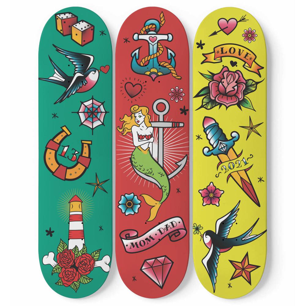 Blackwork illustrative skateboard tattoo on the right