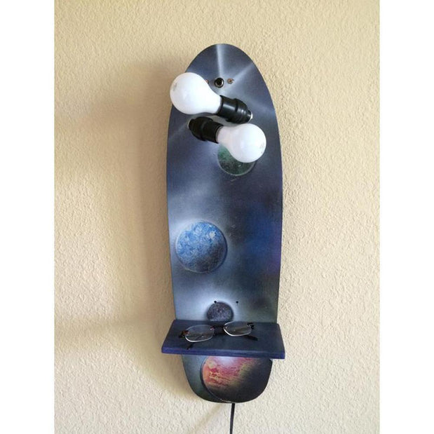 Skateboard Art - Spraypaint Planets Reading Wall Lamp With Shelf - Longboards USA