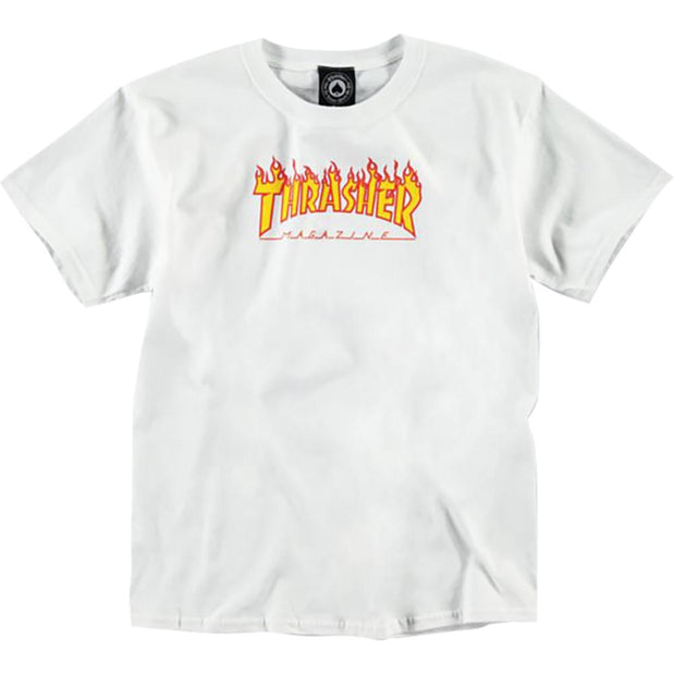 Thrasher Flames White Youth Large T-Shirt - Longboards USA