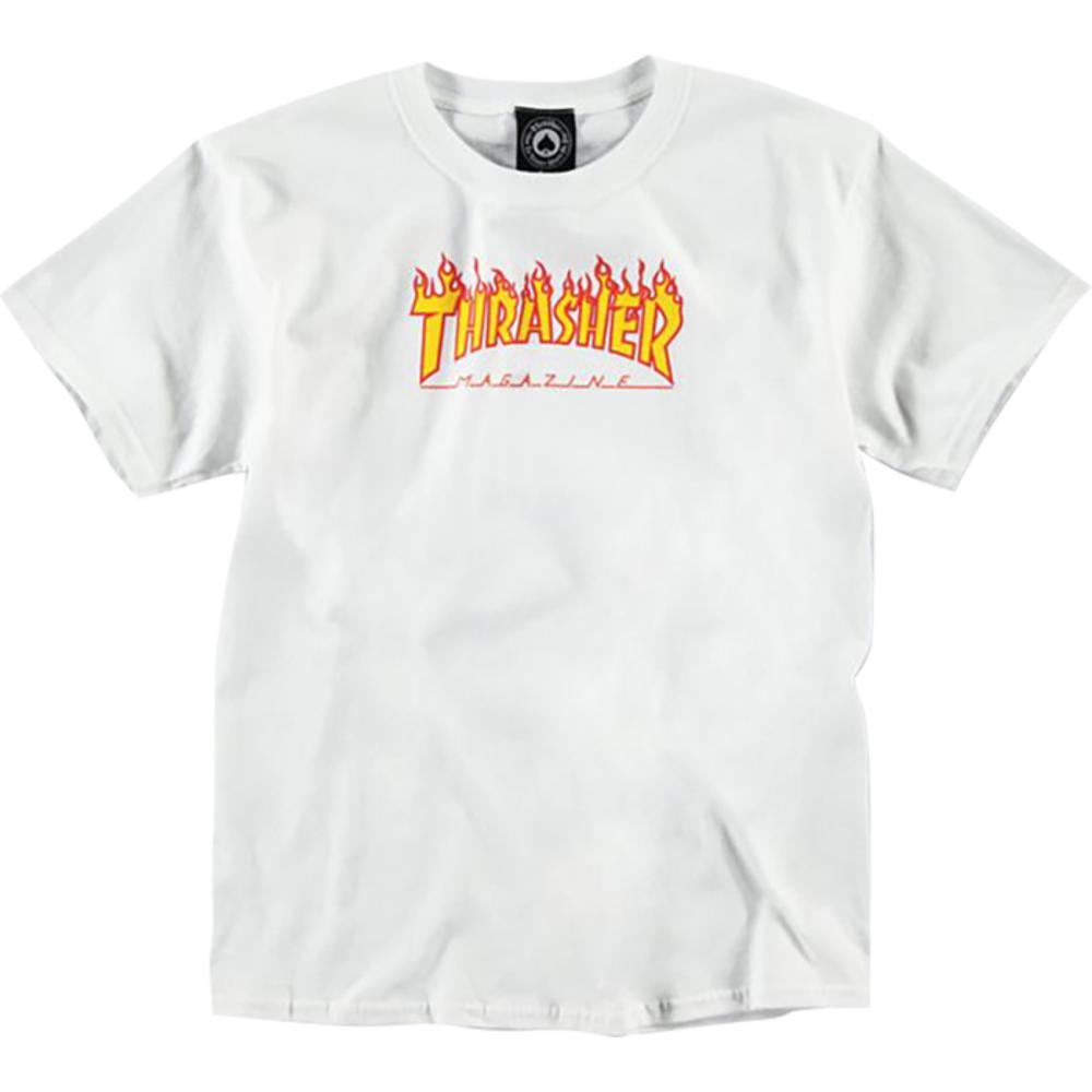 Thrasher Flames Youth Small White T-Shirt - Longboards USA